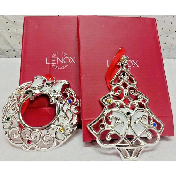 Lenox Other - Lenox Sparkle and Scroll Set Of 2 Ornaments Silver W Colored Gems Wreath & Tree